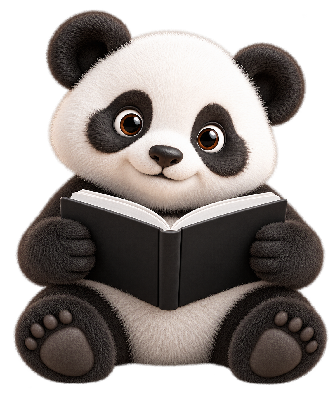 A realistic Panda Tutors mascot reading a book